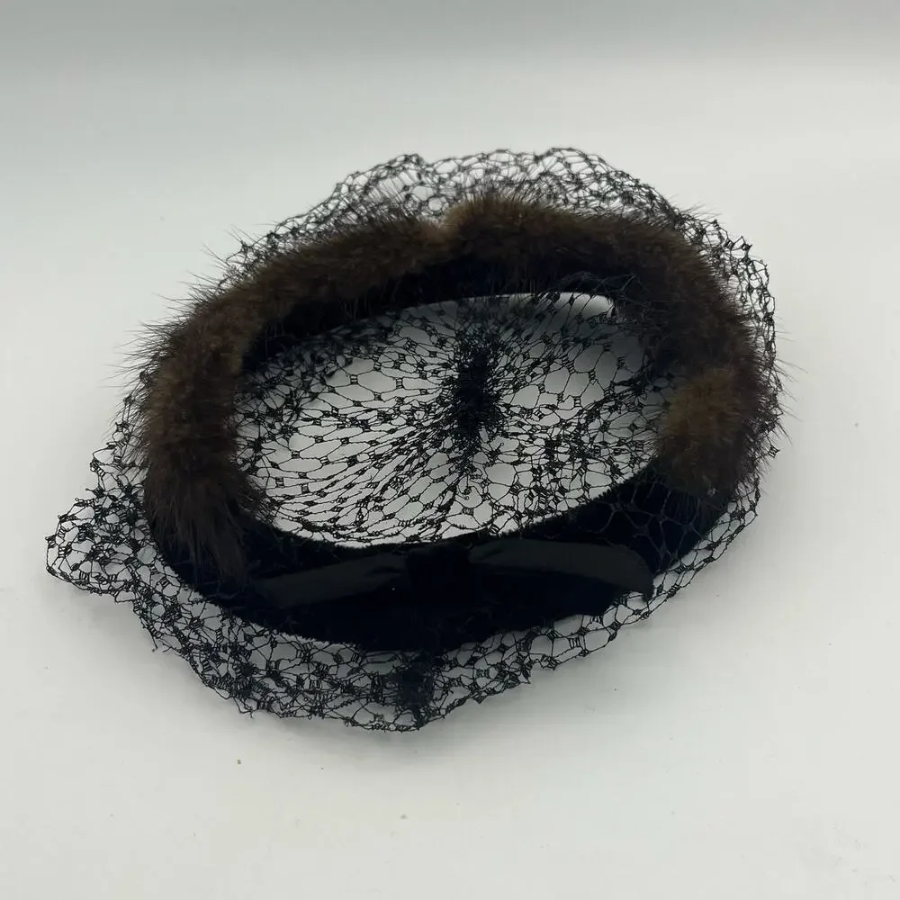 Women's Vintage Fascinator Hat Black Fur Trimmed Front Veil 1940's Era - Picture 2 of 8